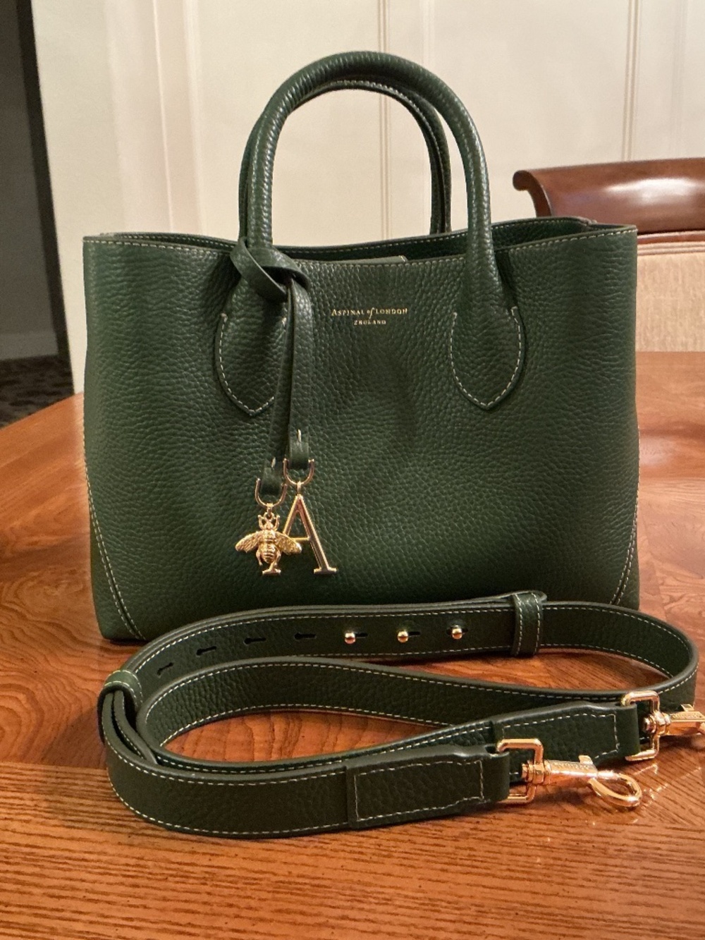 Aspinal of London , Midi Tote in Racing Green , the Iconic Bee Collection NWOT